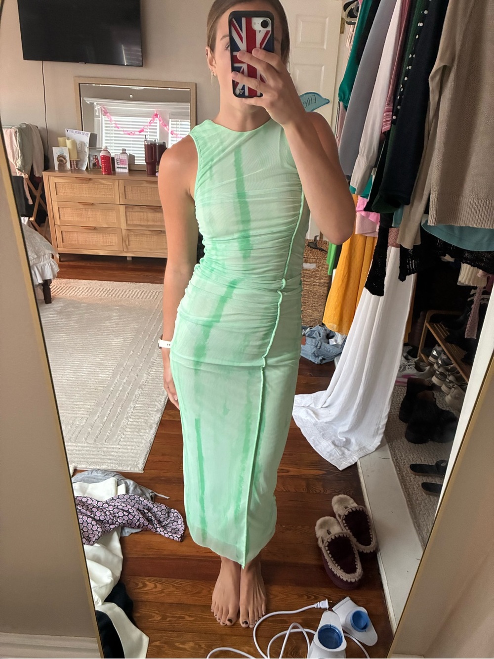 Zara Mint Green Ruched Sleeveless Midi Dress